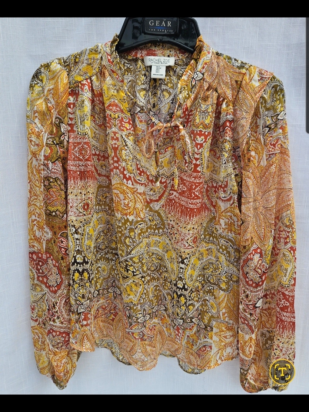 Rachel Zoe Women's Yellow Multi Paisley Tie-Neck Blouse Sz S